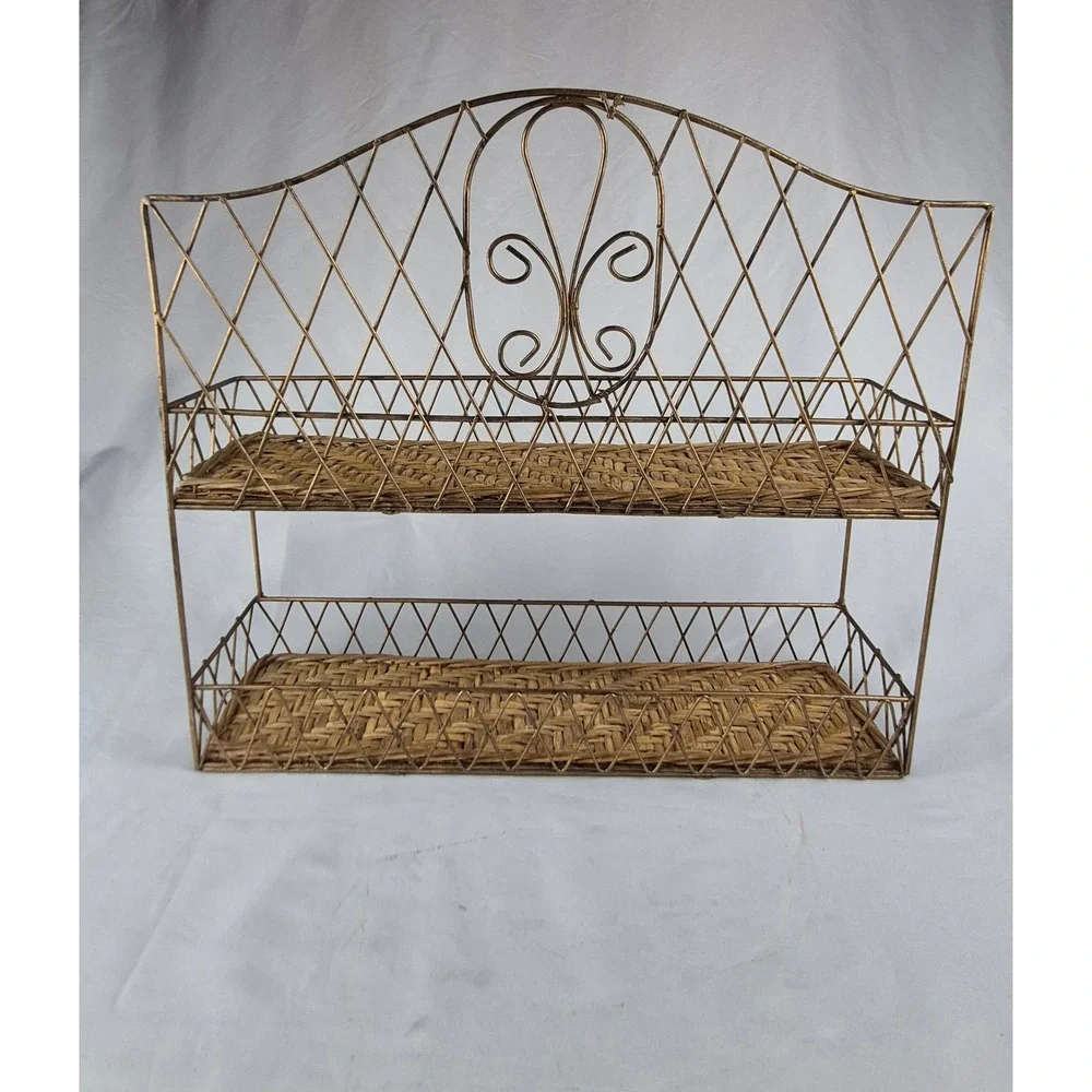 Vintage Bronze Metal 2 Tier Wall Shelf Wicker Rattan Boho Bathroom Display Rack